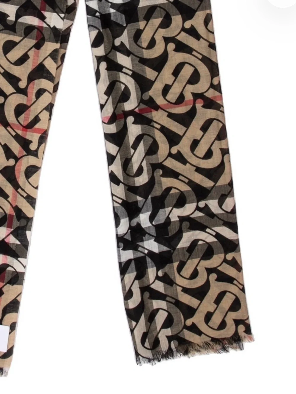 Burberry Black and Tan Monogram Silk-Blend Scarf with Subtle Red Accent